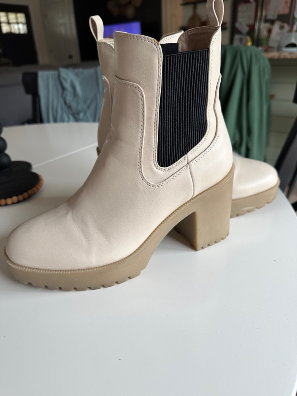 Chinese Laundry Cream Chelsea Block Heel Bootie with Black Elastic